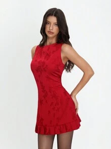 SHEIN Unity Women Plain Round Neck Sleeveless Simple Short Casual Dress - Burgundy - View 7