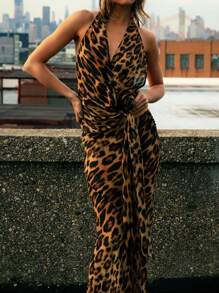 Opulessa Women's Woven Leopard Print Minimalist A-Line Skirt, Casual Holiday - Brown - View 6