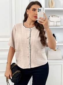 SHEIN Frenchy Plus Size Elegant Floral Splice Casual Long Sleeve Jacket, Suitable For Office Commute And Daily Wear,Summer Women Tops Fall/Winter - Khaki - View 4