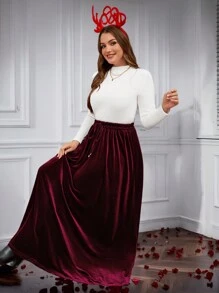 SHEIN LUNE Plus Size Christmas Women Autumn And Winter Skirt Wine Red Color Christmas Women Long Skirt New Years Women Holiday - Burgundy - View 4