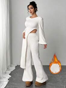 SHEIN Privé Conjunto de 2 piezas para mujer, camiseta de manga larga blanca elegante con mangas acampanadas y pantalón de cintura alta, forro térmico abrigador, efecto estilizador, dobladillo asimétrico, conjunto casual de otoño/invierno para estar en casa - Blanco - Ver 5