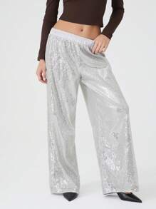 SHEIN EZwear 女士银色亮片松紧腰宽松阔腿裤，时尚 - 銀色 - 查看 5