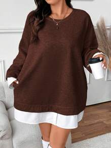 SHEIN Frenchy Plus Size Women's Round Neck Raglan Sleeve Casual Loose Grey Sweatshirt, Autumn/Winter - Brown - View 3