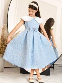 SHEIN Tween Girls Elegant Woven Textured Floral Jacquard Peter Pan Collar Pearl Decor Waist Ruched Swing Dress, Blue, Graduation Dress - Blue - View 1