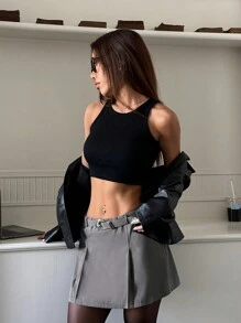 SHEIN EZwear Jupe courte décontracté à taille élastique de couleur unie pour femme - Gris - Voir 5