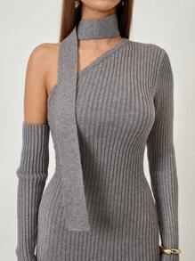 Chiquease Women Asymmetrical One Shoulder Neck With Detachable Sleeve & Scarf Elegant Fitted Knitted Dress, Autumn/Winter Fall Cloth For Women - Grey - View 7