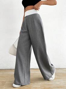 SHEIN Unity 女士简约拼色高腰阔腿裤，休闲日常穿着 - 灰色 - 查看 7