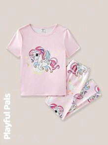 SHEIN Conjunto de pijama de 4 piezas para niñas, con camiseta de manga corta estampada con unicornio divertido y pantalones largos, ropa básica casual adorable/vintage/juguetona, adecuado para cualquier ocasión, primavera/verano, camiseta de manga corta y pantalones de ajuste ceñido, conjunto de pijama, Top y pantalones, se siente como la piel/suave como la mantequilla/ultra suave/ropa cómoda/suave sedoso, ropa de estar en casa holgada de manga corta