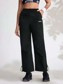 女士休闲字母印花直筒户外裤 - 黑色 - 查看 4