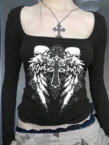 INAWLY Kaos Lengan Panjang Gaya Gotik Leher Persegi, Kaos Grafis Wanita, Atasan untuk Musim Semi dan Gugur, Pakaian untuk Wanita - Hitam - View 3