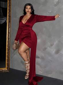 Slaydiva Plus Size Elegant V-Neck Long Sleeve Cinched Waist Dress, Autumn/Winter