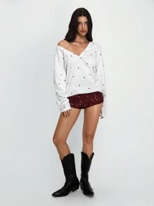 SHEIN Unity Áo thun cổ chữ V in họa tiết trái tim ngọt ngào, chủ đề ngày lễ tình nhân - trắng - Xem 1