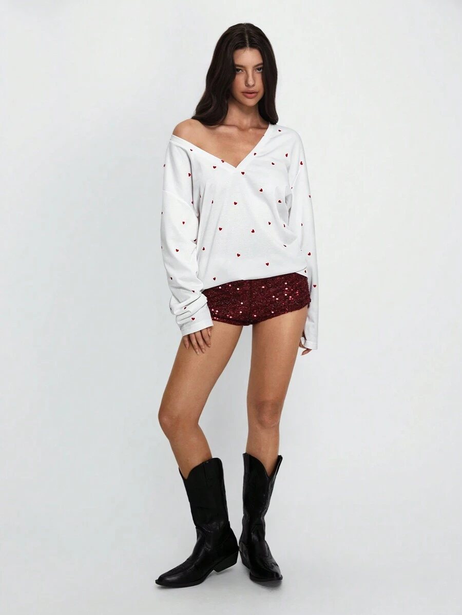 SHEIN Unity Áo thun cổ chữ V in họa tiết trái tim ngọt ngào, chủ đề ngày lễ tình nhân - trắng - Xem 1