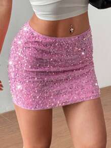 SHEIN Unity 性感闪亮亮片粉色迷你裙，女士，情人节 - 粉色 - 查看 3