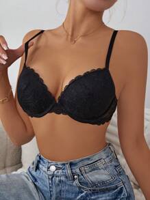 1 件女士蕾丝杯钢圈胸罩内衣 - 黑色 - 查看 4