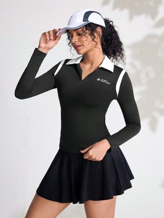 SHEIN Sports Women Solid Color Patchwork Long Sleeve Printed Simple Casual Outdoor T-Shirt & Camisole