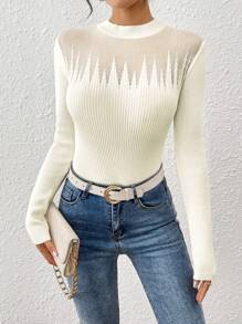 SHEIN Essnce Women Solid Color Sheer Stand Collar Fitted Knit Sweater, Versatile Long Sleeve Pullover For Spring Autumn - White - View 1