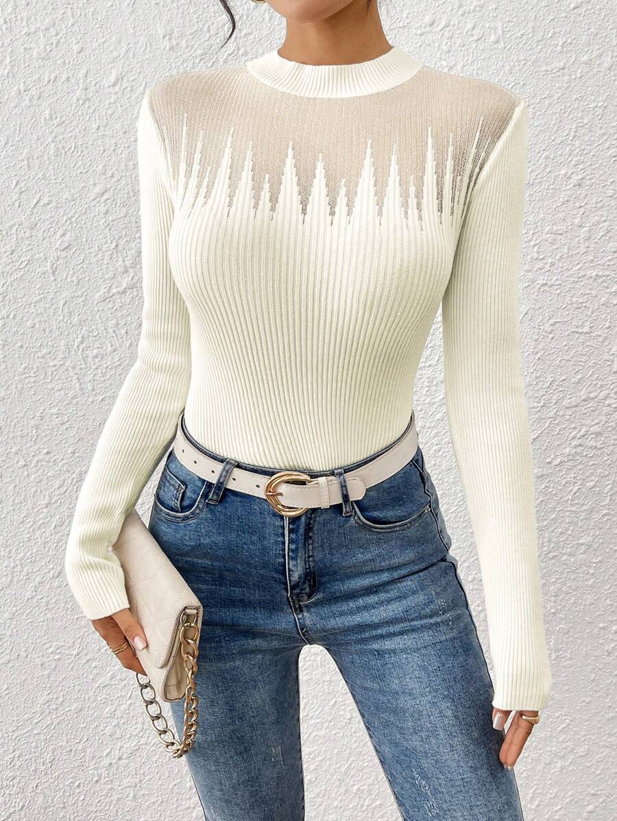 SHEIN Essnce Women Solid Color Sheer Stand Collar Fitted Knit Sweater, Versatile Long Sleeve Pullover For Spring Autumn - White - View 1