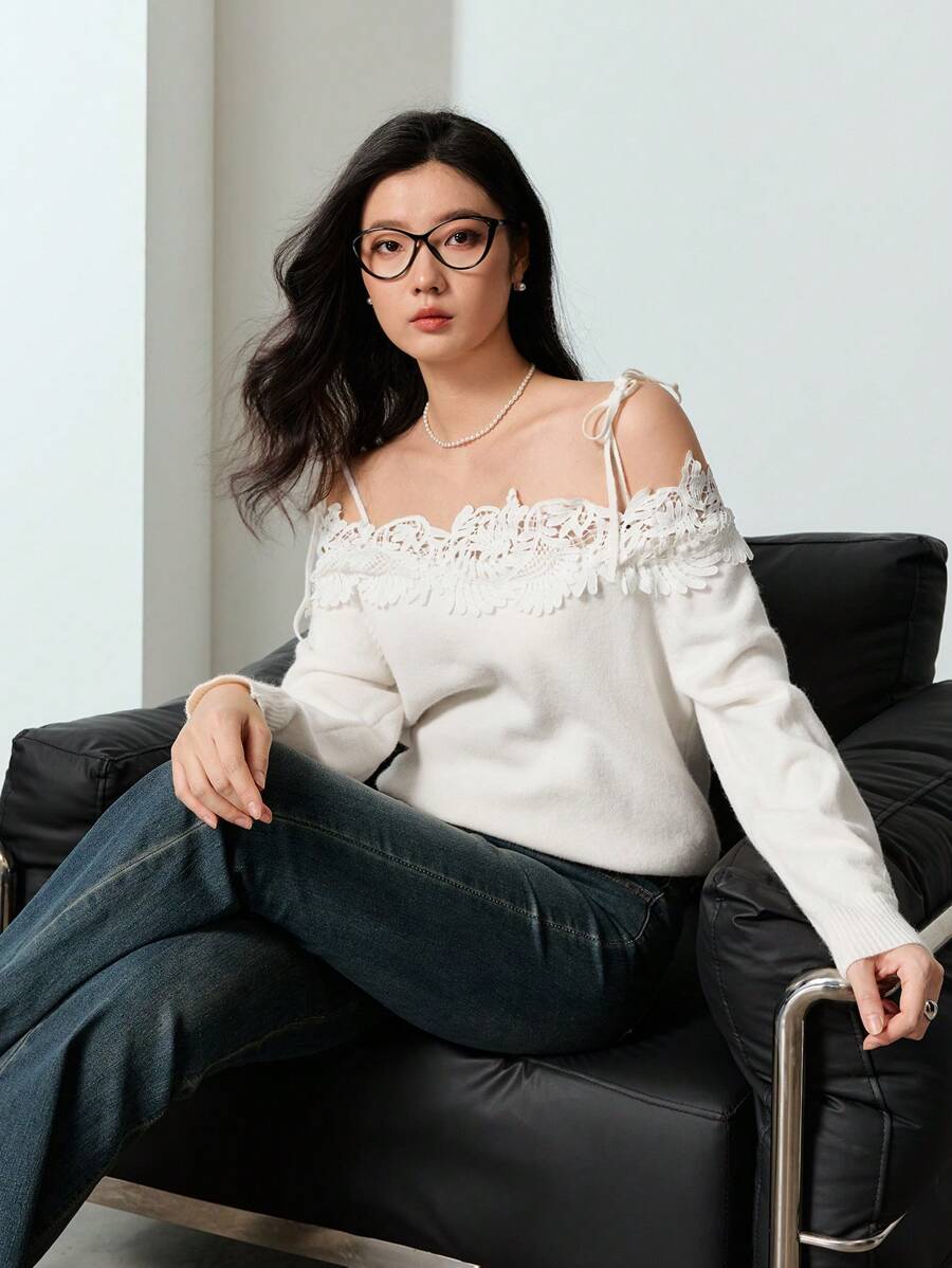 EastFlair Camiseta de punto hombros descubiertos con encaje en unicolor elegante para mujer, otoño - Blanco - Ver 1