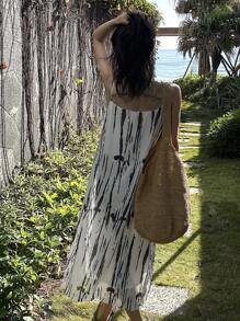 DAZY Women's Casual Vacation Contrast Color Print Slip Dress Summer Boho Sundress Maxi Dress - Black and White - View 3