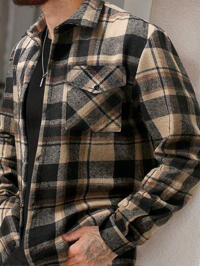 Manfinity Homme 男士格子长袖实用口袋夹克，适合秋冬穿着