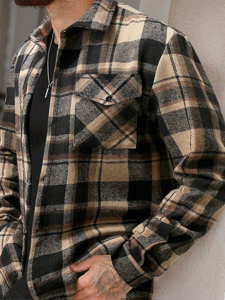 Manfinity Homme Camisa Utilitária de Manga Longa Xadrez para Homens para Outono e Inverno - Multicolorido - Visão 1