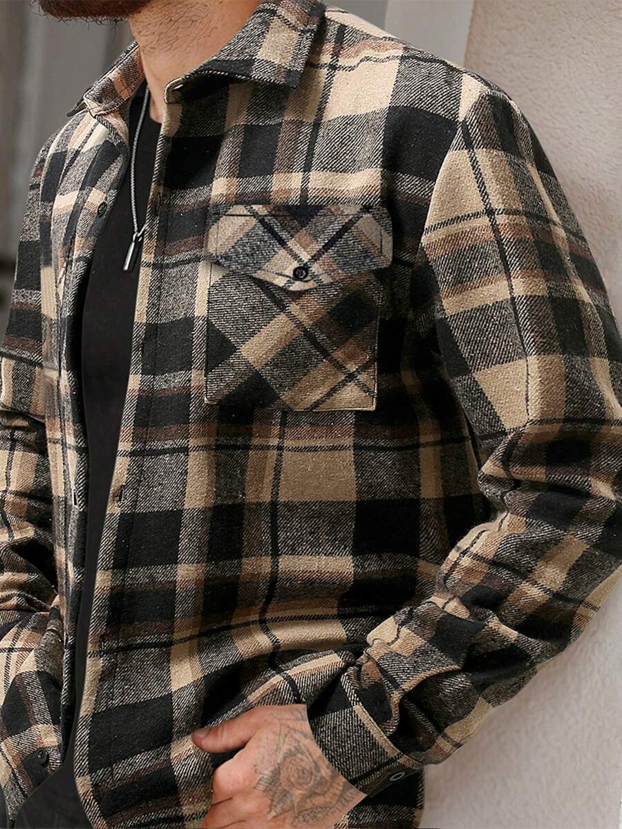 Manfinity Homme 男士格子长袖实用口袋夹克，适合秋冬穿着 - 彩色 - 查看 1