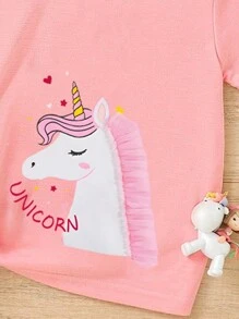 SHEIN 少女3件套可愛貓咪、獨角獸和跳舞卡通印花T恤 - 彩色 - 查看 5