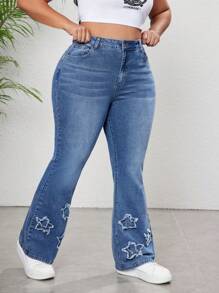 SHEIN CURVE+ Pantalones acampanados de mezclilla con estampado de estrella para mujer talla grande, de mezclilla elástica que estilizan la figura, para conjunto de primavera y verano, atuendo casual