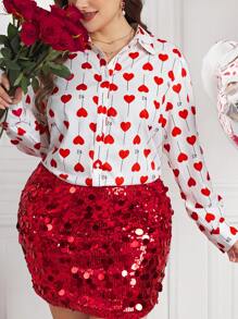 SHEIN Clasi Plus Size Elegant Valentine's Day Red Heart Decorated Basic Shirt