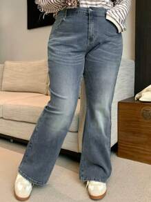 Dazy Plus Washed Distressed Flare Leg Long Denim Jeans - Light Wash - View 1