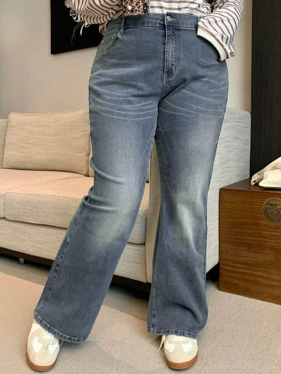 Dazy Plus Washed Distressed Flare Leg Long Denim Jeans - Light Wash - View 1