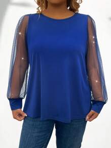 Camiseta de punto de manga larga con cuello redondo, en talla grande, con parches de red brillante - Azul Marino - Ver 5