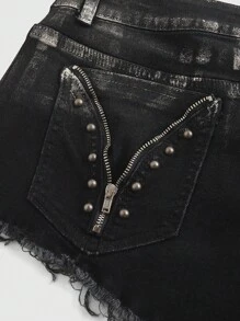 ROMWE Hippie Y2K Style Rivet & Gold Foil Zipper Decor Denim Shorts - Black - View 4