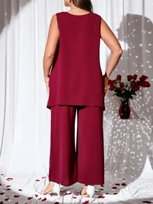 EMERY ROSE Bộ 2 chiếc áo cánh và quần dài không tay cổ tròn màu trơn cỡ lớn, ngày lễ tình nhân, mùa xuân/hè, trang phục mùa hè cho phụ nữ/mùa hè, trang phục thanh lịch cho phụ nữ - Màu Đỏ Sâu - Xem 2