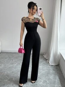 Elenzga 女士优雅休闲连身裤阔腿裤，露背领口搭配撞色花卉蕾丝嵌件，无袖，春夏 - 黑色 - 查看 1