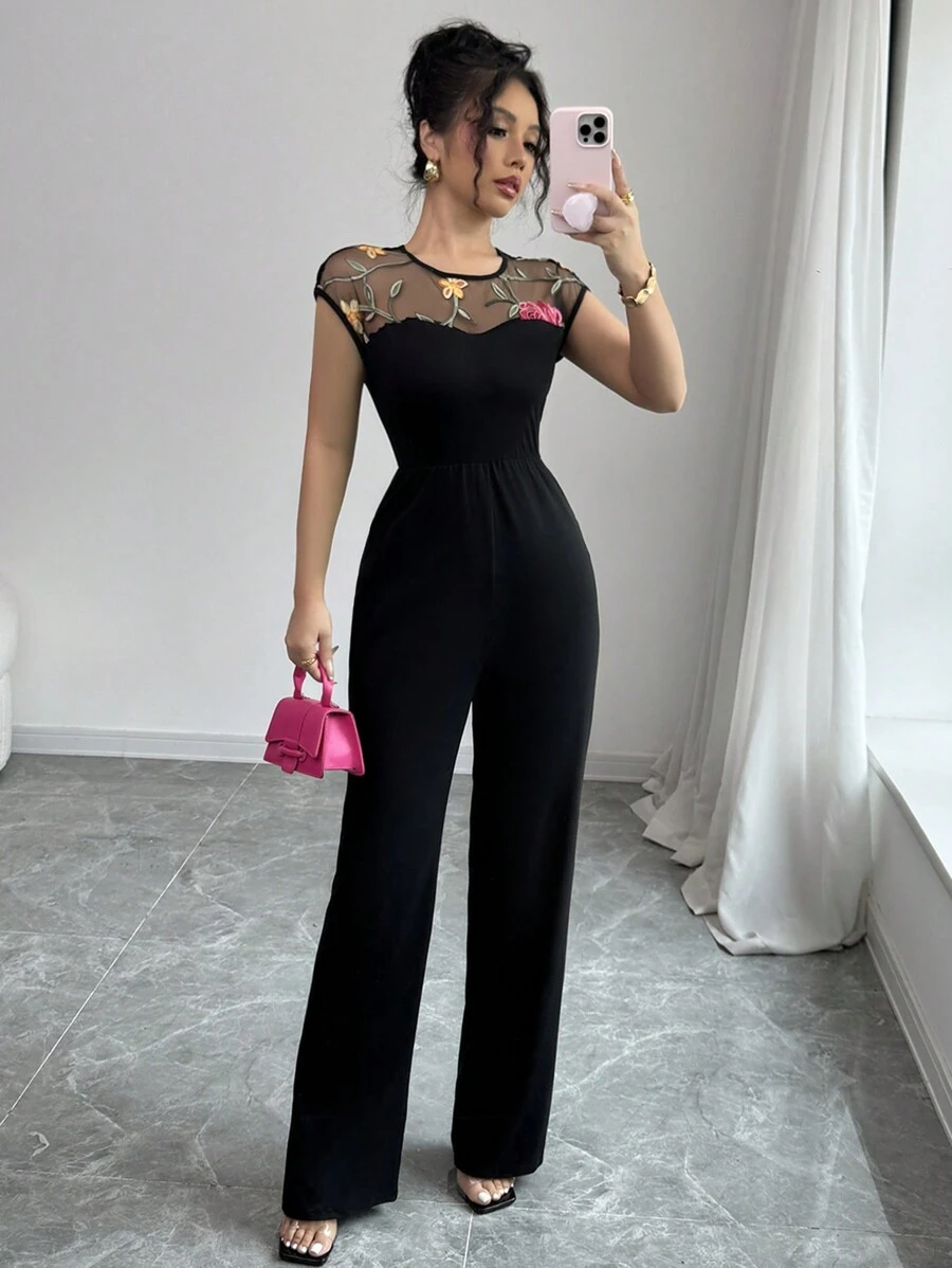 Elenzga 女士优雅休闲连身裤阔腿裤，露背领口搭配撞色花卉蕾丝嵌件，无袖，春夏 - 黑色 - 查看 1