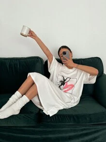 DAZY Loose Cartoon Print Nightshirt Pajama - White - View 1