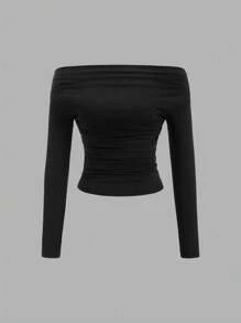 Sweetra 露肩纯色褶皱修身长袖衬衫 - 彩色 - 查看 3