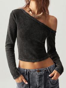 Bohemela Casual Solid Knitted Asymmetric Neck Long Sleeve Slim Fit Blouse For Women - Black - View 4