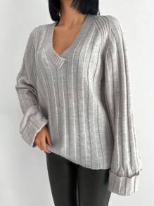 EURMUSE Women's Casual Solid Color Raglan Sleeve Sweater, Autumn/Winter - Light Grey - View 5