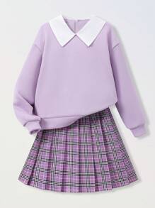 SHEIN Conjunto de falda y sudadera con cuello polo 2 en 1 para niña preadolescente