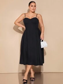 SHEIN BAE 加大码黑色优雅长裙，适合日常、约会、郊游、夜店派对，优雅女士细肩带长款泡泡袖连衣裙，春季连衣裙，女士生日连衣裙 - 黑色 - 查看 4