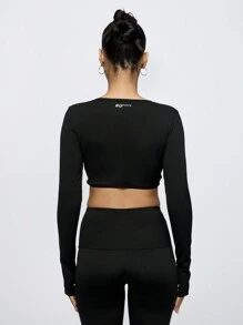 SUMWON WOMEN Top corto atlético de manga larga con nudo delantero, prenda deportiva para ejercicio, gimnasio, danza, yoga, actividad física, con tela elástica y de secado rápido, sujetador deportivo para entrenamiento y