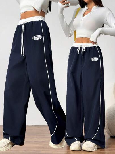 Sparklyn 少女休闲拼布腰带腰线撞色饰边宽松阔腿编织长裤，时尚宽松休闲裤，情人节