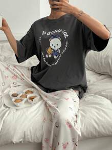 DAZY Set de 2 piezas de pijama de mujer con estampado de dibujos animados de manga corta y holgado, ropa de vuelta al colegio