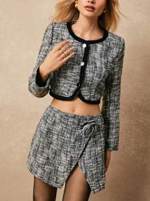 Poéselle 2pcs/Set Women Black And White Checkered Tweed Button Front Blouse And Mini Skirt Co-Ord Set,Elegant Autumn Tea Party Birthday New Year Eve Outfits - Black - View 1