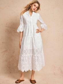 Poéselle 刺绣白色连衣裙 长裙 波西米亚风 女式V领喇叭袖刺绣休闲连衣裙 春夏服装 海边度假 适合日常出街度假等场合穿着 白色毕业礼服