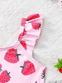SHEIN LMoss Kids Young Girl Cute Cartoon Strawberry Print Ruffled Cap Sleeve One-Piece Swimsuit, Spring/Summer