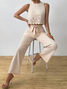 INAWLY Elegant Vacation Round Neck Camisole & Hollow Strap Straight Leg Pants 2pcs Casual Women Set